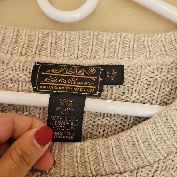 Vintage Eddie Bauer Sweater Mens XL Ivory Beige Fisherman Cable Knit Chunky Prep - Picture 2 of 6